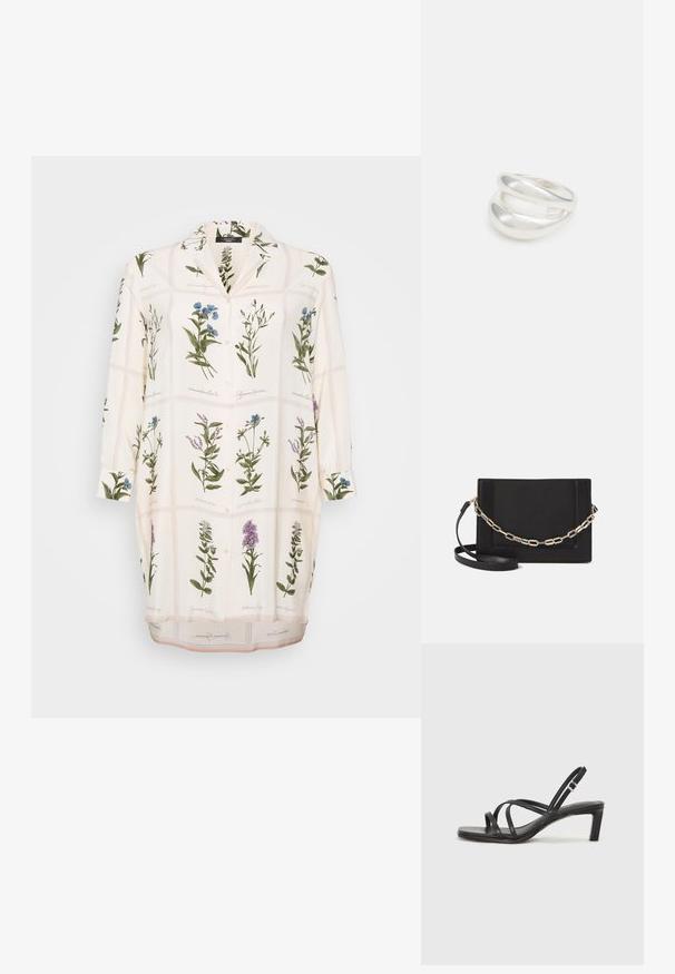 Blusa bianca con stampa botanica di fiori verdi e blu, con bottoni sul davanti, colletto e maniche lunghe. Tessuto liscio con una texture leggera.; Sandalo nero con cinturini, dalla punta squadrata e tacco basso a blocco. Presenta diversi cinturini sottili e una cinturini regolabile alla caviglia. Realizzato in pelle liscia.; Borsa a tracolla nera in pelle con una texture liscia, forma rettangolare e dettaglio in catena metallica sul davanti. Inclusa una tracolla regolabile.; Anello doppio in argento con superficie liscia e lucida. Presenta un design fluido e curvo con sezioni sovrapposte per un aspetto moderno.