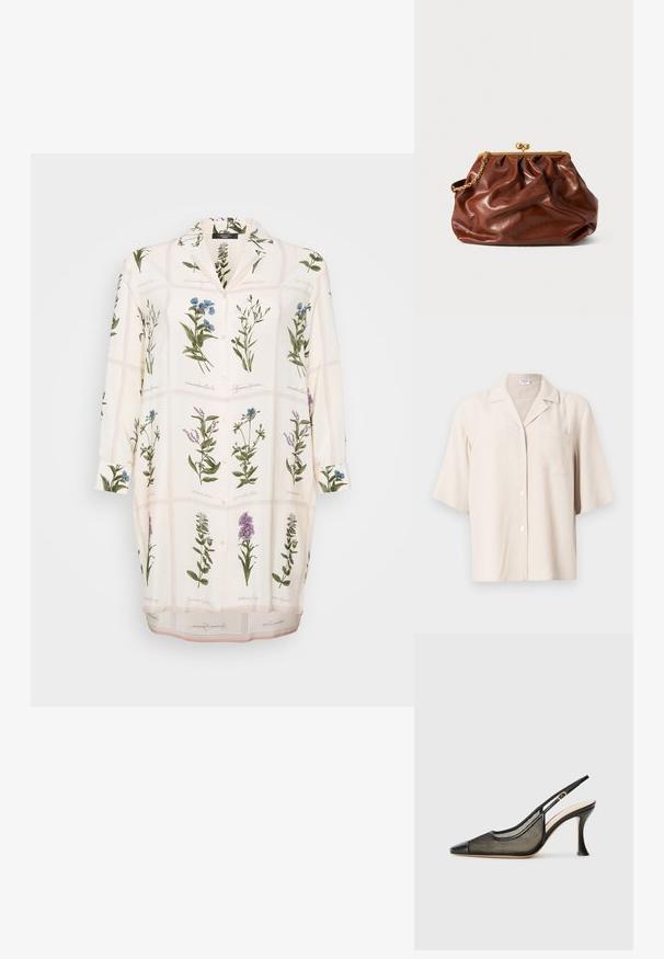 Balta palaidinė su botanikos motyvais, žaliais ir mėlynais gėlėmis, mygtukų priekyje, su apykakle ir ilgomis rankovėmis. Lygi medžiaga su lengva tekstūra.; Šviesiai smėlinės spalvos trumpa rankovė marškiniai, pagaminti iš tekstūruoto audinio, turintys įpjautą apykaklę, priekinę kišenę ir penkias sagas.; Juodas nėriniuotas aukštakulnis batelis su smailiu kojų pirštu, tinkliniais akcentais ir lygiai odiniu viršumi. Spalvos: juoda ir kreminės akcentai.; Ruda odinė delninė su auksiniu užsegimu ir trumpu auksiniu grandininiu rankena, pasižyminti minkšta, susiraukšlėjusia tekstūra ant balto fono.