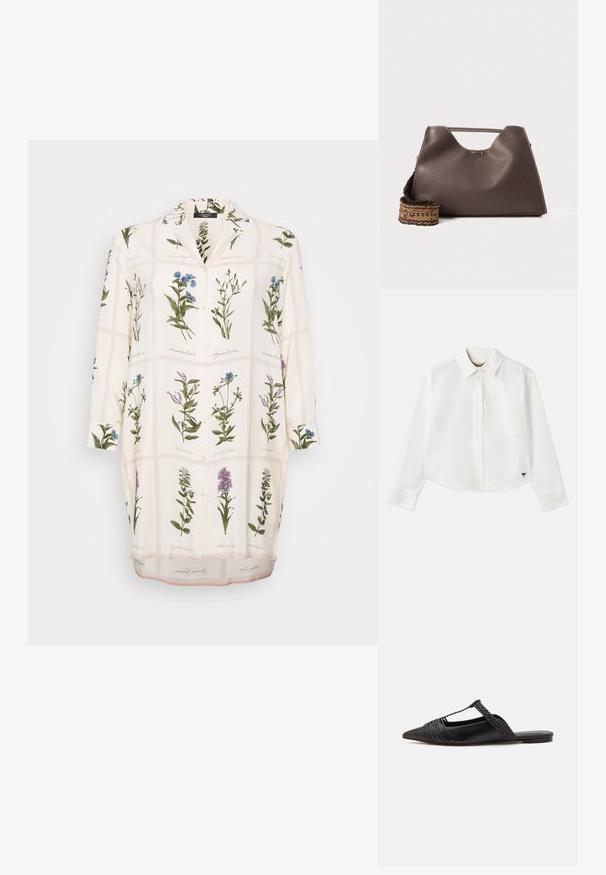 Blouse blanche ornée d'un imprimé botanique avec des fleurs vertes et bleues, fermeture à boutons, col et manches longues. Tissu lisse avec une texture légère.; Chemise blanche à manches longues raccourcie en coton. Elle présente un devant à boutons, une poche sur la poitrine et un petit logo noir en bas à gauche.; Chaussure en cuir noir à talon ouvert avec un bout pointu, présentant un accent tressé et un design supérieur plissé. Semelle plate avec un matériel minimal.; Sac à main en cuir marron avec une finition texturée, un design angulaire et une poignée supérieure distinctive. Présente un détail de sangle tissée à motif.