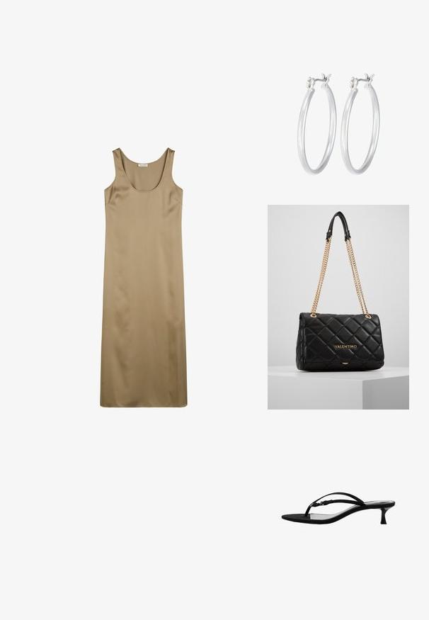 Hnědé šaty bez rukávů vyrobené z hladké tkaniny. Mají kulatý výstřih a dlouhý, rovný střih. Žádné viditelné vzory ani ozdoby.; Mango Sandály s odděleným palcem - black; Černá prošívaná kožená kabelka se zlatým řetězovým popruhem a logem. Obdélníkový tvar, hladký povrch, s klopovým zapínáním.; Stříbrné kruhové náušnice s hladkým, lesklým povrchem. Kulatý tvar a bezpečné zapínání na klip. Lehký design vhodný pro každodenní nošení.
