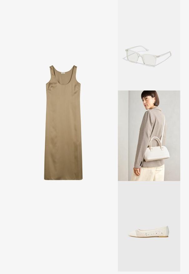 Könnyű, ujjatlan ruha sima anyagból. Kerek nyakkivágással és hosszú, egyenes vonalvezetéssel rendelkezik. Nincs látható minta vagy díszítés.; Krém bőrből készült, hegyes orrú lapos cipő átlátszó felsőrésszel, ami szétszórt gyémántokkal van díszítve. Puha talp a kényelemért, minimalista dizájn.; Átlátszó műanyag négyzet alakú szemüveg, áttetsző lencsékkel, arany díszítéssel a szárakon a fokozott részletekért.; Fehér, strukturált kézitáska rövid füllel és vállpánttal, arany színű fém kiegészítőkkel és texturált anyagból, szürke háttér előtt bemutatva.