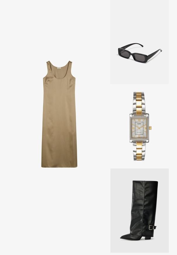 Könnyű, ujjatlan ruha sima anyagból. Kerek nyakkivágással és hosszú, egyenes vonalvezetéssel rendelkezik. Nincs látható minta vagy díszítés.; Fekete bőr bokáig érő csizmák hegyes orral, sima felülettel és ezüst csattal az oldalon. Tömbös négyzet alakú sarok.; Fekete, téglalap alakú napszemüveg sötét lencsékkel, fényes felülettel, széles szárakkal és masszív keret designnal. Az egyik szárra gravírozott márkanevével.; Casio kvarcóra téglalap alakú ezüst számlappal, arany díszítésekkel és két színű fém karkötővel ezüst és arany színben. Vízzáró funkcionalitás.