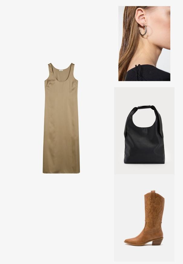 Abito senza maniche di colore tan realizzato in un tessuto liscio. Presenta un collo rotondo e una linea dritta e lunga. Nessun motivo visibile o decorazioni.; Stivale cowboy in pelle marrone chiaro con punta affusolata, modelli ricamati a spirale sull'asta e tacco a blocco impilato. Presenta una linguetta per una facile calzata.; Borsa a mano in pelle nera con un ampio apertura superiore e una singola tracolla. Texture morbida, design minimalista, con sottili accenti in metallo.; Orecchino a cerchio in argento con finitura lucida, caratterizzato da piccoli dettagli in oro e una forma tondeggiante, indossato sul lobo.