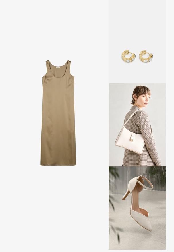 Tansluier jurkje van een gladde stof. Heeft een ronde halslijn en een lange, rechte snit. Geen zichtbare patronen of versieringen.; Witte high heel schoen van soepel materiaal met een puntige neus en enkelbandje. Heeft een lichtbruine binnenkant en goudkleurige hardware accent.; Witte leren handtas met een gestructureerd ontwerp, voorzien van een magneetsluiting en een schouderriem, tentoongesteld tegen een neutrale achtergrond.; Gouden creolen met een getextureerd ontwerp en drie heldere kristalaccenten aan één zijde, wat een moderne geometrische esthetiek biedt.