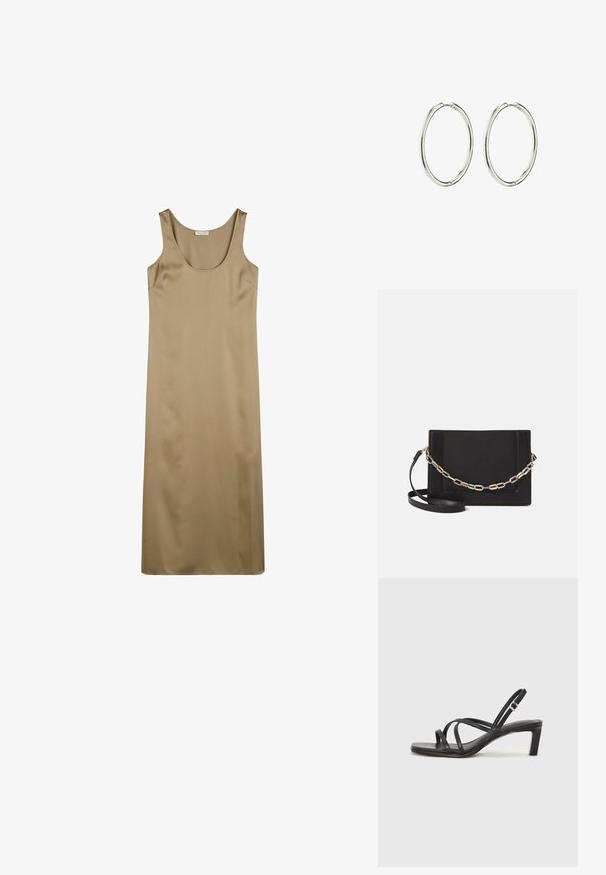 Līdzena krēmkrāsas kleita bez piedurknēm, izgatavota no gludas auduma. Tai ir noapaļots kakla izgriezums un garš, taisns piegriezums. Nav redzamu rakstu vai dekoriem.; Melnas strappy sandales ar kvadrātveida purngaliem un zemu bloku papēdi. Ievērojamas ar vairākiem plāniem siksniņām un regulējamu potītes siksniņu. Izgatavotas no gludas ādas.; Melna ādas crossbody soma ar gludu faktūru, taisnstūrveida formu un metalizētu ķēdes detaļu priekšā. Iekļauta regulējama siksna.; Sudraba riņķveida auskari ar gludu, pulētu apdari. Apaļas formas, viegla konstrukcija, ar drošu aizdari.