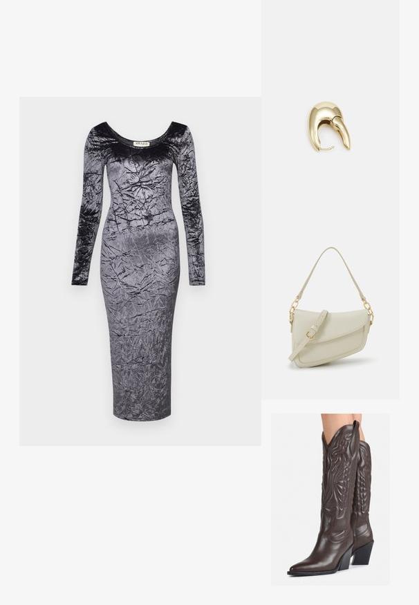 Žametna obleka z dolgimi rokavi temno sive barve, prilagojenega kroja s nagubano teksturo, z okroglo izreza in dolžino do kolen.; Rjave usnjene kavbojske čevlje z ostrim nosom in blok peto, ki vsebujejo podrobno šivanje in dvignjene dodatke na zgornjem delu.; Mala kremna torbica z teksturiranim zaključkom, dolgim nastavljivim trakom, verižnim poudarkom in zapiranjem na poklop. Detajli iz zlatega kovinskega materiala.; Uhane nakit iz zlatastega tona z gladko, ukrivljeno zasnovo. Ima edinstveno koničasto obliko, polirano površino in zaponko s tečajem.