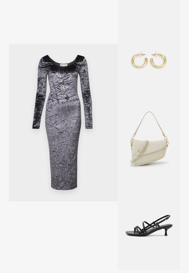 Tamsiai pilka aksominė suknelė ilgomis rankovėmis, prigludusio silueto, su susigūžusiu tekstūru, pailgos iškirptės ir kelio ilgio apdaila.; Juodos aukštakulnės šlepetės su keliais perrištomis juostelėmis. Lygi medžiaga, smailas nosis ir siauras kulnas. Reguliuojama kulkšnies juostelė su sagtimi.; Mažas kreminis rankinukas su tekstūruotu paviršiumi, ilga reguliuojama juostele, grandinėle ir užsegimu su atvartu. Aukso detalės.; Aukso auskarai su lygiu, blizgiu paviršiumi. Apvalus dizainas su maža užrakto dalimi ir skaidria atrama saugiam nešiojimui.