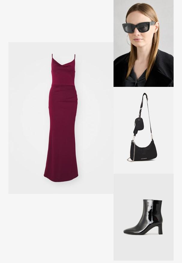 Bordová maxi šaty s krčkovým výstrihom, tenkými ramienkami, priliehavým telom a drapériou na bedrách pre štíhlu siluetu.; Čierne lakované členkové topánky s špicatou špičkou a stredne vysokým blokovým podpätkom. Hladká textúra a minimalistický dizajn.; Čierne mačacie slnečné okuliare s tmavými sklami, hrubými obručami a jemnými detailami. Nosí sa s čiernym kabátom a sivým topom, pričom má dlhé rovné vlasy.; Čierna nylonová taška cez rameno so zakriveným tvarom, strieborným reťazovým akcentom, odnímateľnou mini taškou a nastaviteľným popruhom; má logo "Steve Madden".