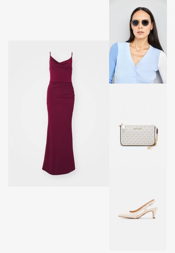 Burgundia színű maxi ruha, csepp alakú nyakkal, vékony pántokkal, testhez álló felső résszel és az csípőnél drapírozott részletekkel, amelyek áramvonalas sziluettet kölcsönöznek.; Fehér slingback sarok, hegyes orral, sima felső anyaggal, alacsony blokk sarkával és oldalsó kivágott dizájnnal, állítható csatpánttal.; Kerek napszemüveg sötét lencsékkel és arany kerettel. A modellen világoskék, bordázott kardigán van gombokkal és kontrasztos fehér ujjaival.; Michael Kors bézs bevonatos vászon karkötő, amely ismétlődő MK logó mintával, aranyszínű fémrészletekkel és levehető lánchordóval rendelkezik.