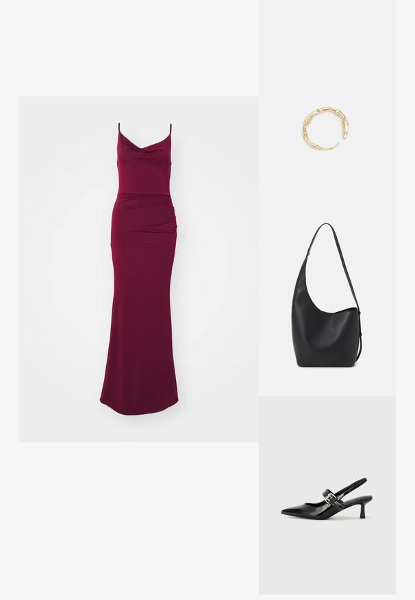 Burgundska maxi obleka s cowl izrezom, tankimi naramnicami, prilegajočim bodijem in drapiranjem na boku za usklajen silhuet.; Črne patent usnjene slingback pete s koničastim nosom in majhnim blok peto, ki vključujejo srebrno zaponko na traku.; Črna usnjena hobo torba z gladko teksturo, ukrivljeno obliko in eno nastavljivo naramnico; ima širok odprtina na vrhu.; Zlati prstan s organskim, zvitim dizajnom, gladko površino in taperiranimi konci, ki ustvarja modernega, skulpturalnega videza.