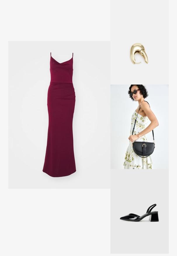 Bordo maksi haljina s dekolteom na cowl, tankim trakama, pripijenim gornjim dijelom i drapiranim detaljima na kuku za elegantnu siluetu.; Crne lakirane kožne sandale s otvorenom petom i špicastim vrhom, s geometrijskom blok petom. Imaju elegantan, minimalistički dizajn i glatku teksturu.; Crna kožna torba s lukovitim oblikom, odvojivim remenom i zlatnim detaljima. Torba ima preklop s kopčom.; Zlatne metalne naušnice s elegantnim, zakrivljenim dizajnom. Imaju karakterističan šiljast oblik, poliranu površinu i zatvaranje na šarku.