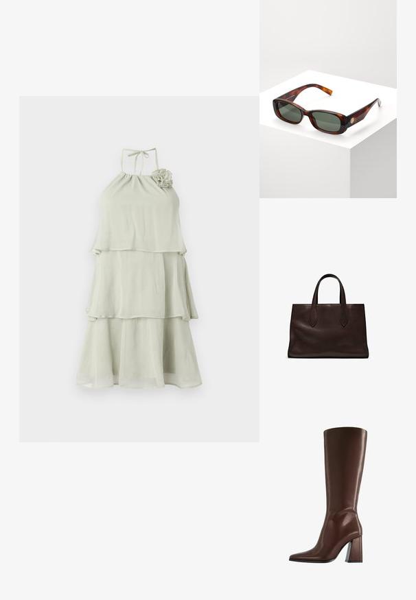 Jasnoniebieska sukienka na ramiączkach z warstwowym krojem, z marszczonym dekoltem i kwiatowym detalem na lewym ramieniu.; Brązowy skórzany kozaki za kolano z szpiczastym noskiem i masywnym obcasem o średniej wysokości, przedstawione z profilu na białym tle.; Słoneczne okulary w kształcie prostokąta w kolorze żółwia z zielonymi soczewkami. Szeroka oprawka, gładkie wykończenie, złoty akcent po boku i smukłe zauszniki.; Brązowa skórzana torba tote z dwoma wydłużonymi uchwytami, usztywnionym prostokątnym kształtem, gładką teksturą i subtelnymi detalami przeszycia.; Złoty łańcuszek z zapięciem typu homar oraz małą zawieszką z napisem "PILGRIM". Charakteryzuje się gładką, teksturalną powierzchnią oraz smukłym, wydłużonym kształtem.