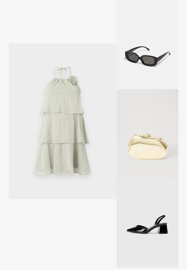 Jasnoniebieska sukienka na ramiączkach z warstwowym krojem, z marszczonym dekoltem i kwiatowym detalem na lewym ramieniu.; Czarne lakierowane półbuty na obcasie z wydłużonym noskiem i geometrycznym słupkiem. Charakteryzują się eleganckim, minimalistycznym designem oraz gładką fakturą.; Czarne prostokątne okulary przeciwsłoneczne z ciemnymi soczewkami. Gruba plastikowa oprawa, gładka faktura i zaokrąglone krawędzie. Stylowe zauszniki rozciągają się na zewnątrz.; Metaliczna złota kopertówka o gładkim, zaokrąglonym kształcie, z górnym zapięciem na guzik i małym łańcuszkiem do noszenia.
