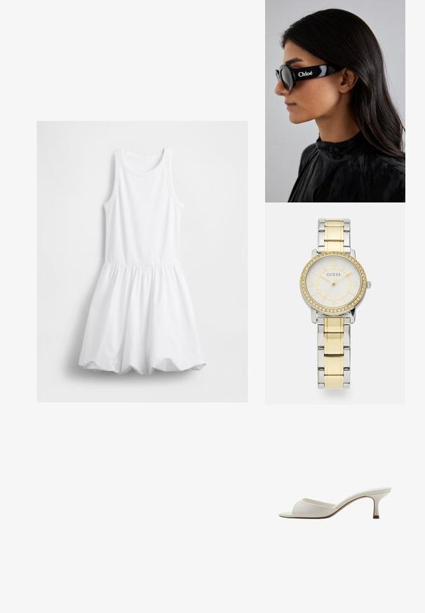 Bijela haljina bez rukava s rebrastim pletenim tijelom, okruglim dekolteom i nabranim balonskim suknjom koja visi na bijeloj pozadini.; Bijele otvorene sandale s visokom petom, glatke površine, minimalističkog dizajna i uske pete, sa suptilnim smeškastim naglaskom na đonu.; Crne sunčane naočale s okruglim lećama i odvažnim, uglatim okvirom s brendom "Chloé" u bijeloj boji sa strane. Glatka, sjajna završna obrada.; Okrugli sat od nehrđajućeg čelika sa srebrnim i zlatnim metalnim povezom. Bijela ploča ima zlatne naglaske i bezelj ukrašen kristalima.