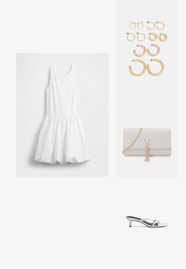 Varrukateta valge kleit ribatud kudumisega bodice'iga, ümar kaelus ning kogutud mullseelik, rippumas valge tausta ees.; Hõbedased kontsakingad ristpaeltega disainiga, sileda pinnaga ja terava varbaga. Kontsa kõrgus on umbes kaks tolli.; HeledHallhalligi hall hallhalli hallhall rahakott, millel on kuldne ahel, V-kujuline klamber ja ponks detail. Sile tekstuur, ristkülikuline kuju.; Kullakraadidest kuldne kõrvarõngaste komplekt, mis sisaldab erinevaid suurusi ja disaine, sealhulgas väikeseid, keskmisi ja suuri stiile, millel on siledad metallilised viimistlused.