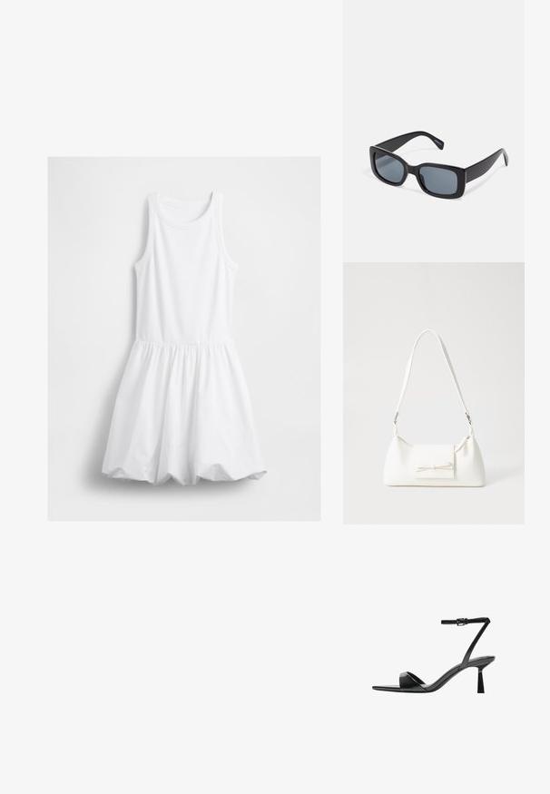 Ärmelloses weißes Kleid mit geripptem Strickoberteil, Rundhalsausschnitt und gerafftem Ballonrock, das vor einem weißen Hintergrund hängt.; Bershka High Heel Sandalette - black; Schwarze rechteckige Sonnenbrille mit dunkel getönten Gläsern, dickem Kunstrahmen und breiten Bügeln. Glatte Oberfläche und kantiges Design.; Weiße synthetische Handtasche in dreieckiger Form, flache Vorderklappe und Schleifendetail, verstellbarer Trageriemen, glatte Textur und minimalistisches Design.