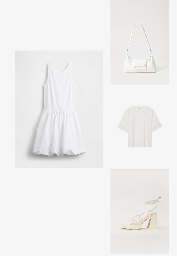 Robe blanche sans manches avec un corsage en tricot côtelé, encolure ronde et jupe boule froncée suspendue sur fond blanc.; T-shirt blanc à manches courtes en coton, avec des bordures en dentelle décoratives le long des manches et un col rond.; Sandale blanche à talons hauts avec un talon épais, présentant un design à lanières et un lien autour de la cheville. Texture lisse avec une plateforme à l'avant pour une hauteur supplémentaire.; Sac à main synthétique blanc en forme triangulaire, avec un rabat avant plat et un détail en nœud, une bandoulière ajustable, une texture lisse et un design minimaliste.