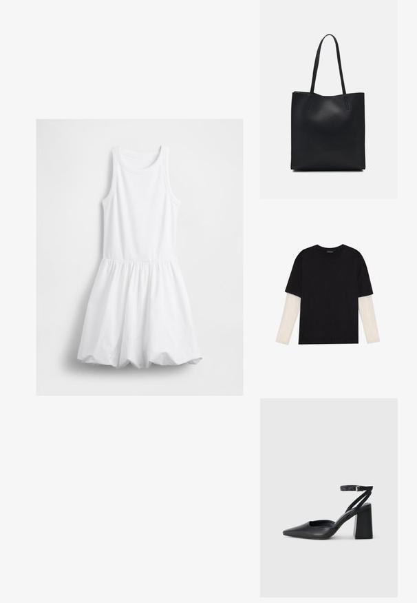 Bez piedurknēm balts kleitas modelis ar ribotu dzijas augšdaļu, apaļu dekoltē un savilktu burbuļveida svārku, kas karājas pret baltu fona.; Melna kokvilnas T-kreklu ar īsām piedurknēm, virs baltas garām piedurknēm ar smalku teksturētu rakstu. Apaļas kakla izgriezuma dizains.; Melna ādas augstpapēžu kurpe ar norakstīto purngala formu, potītes siksniņu un masīlu papēdi. Gluda tekstūra, elegants dizains un minimālisma estētika.; Melnas ādas somiņa ar gludu tekstūru, taisnstūra formu un divām garām rokturiem. Nav redzamu aparatūras vai rotājumu.