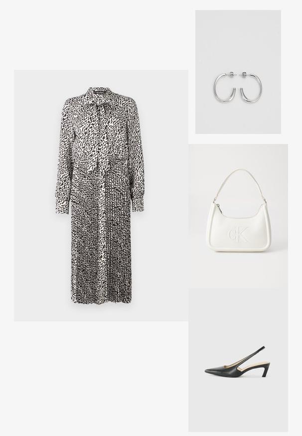 Čierno-biely vzorovaný šaty s golierom, dlhými rukávmi, viazaním okolo krku a skladanou sukňou, vyrobené z ľahkej tkaniny.; Čierne slingback topánky s ostrou špičkou a nízkym opätkom, vyrobené z hladkej kože a s výrezmi na boku pre lepšiu priedušnosť.; Biela kožená kabelka s zakriveným tvarom, na prednej strane s embosovaným logom "CK" a jedným ramenným popruhom. Zipsové zapínanie navrchu.; Strieborné kruhové náušnice s hladkým, lesklým povrchom, majú zakrivený tvar a zapínanie na puzetu. Minimalistický dizajn s moderným vzhľadom.