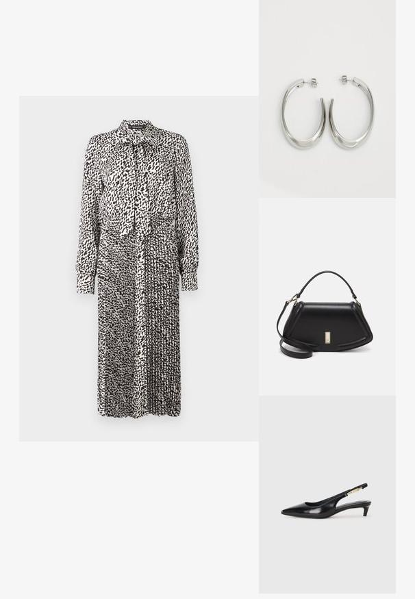 Mustat ja valkoiset kuviot sisältävä mekko, jossa on kaulus, pitkät hihat, solmukiinnitys kaulassa ja laskostettu hame, valmistettu kevyestä kankaasta.; Mustat nahkaiset slingback-korkokengät, joissa on terävä kärki, ohuet korot ja kultasävytteinen yksityiskohta säädettävässä hihnassa. Silkkinen pinta.; Mustalla nahkalaukulla, jossa on jämäkkä muotoilu, lyhyt malli, yläkahva ja kultaiset yksityiskohdat. Säädettävä olkahihna sisältyy.; Hope hopeista, joissa on sileä, kaareva muotoilu. Varustettu kiiltävällä metallipinnoitteella ja nappikiinnityksellä. Ei näkyviä kuvioita tai koristeluja.