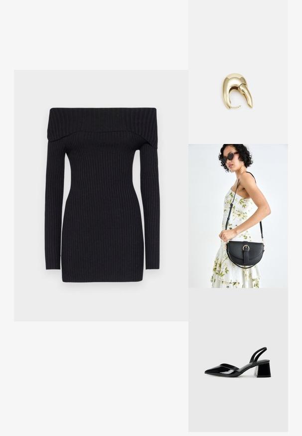 Ribota melna kleita bez pleciem ar garām piedurknēm. Pieguļošs siluets, vidukļa garums, izgatavota no elastīga materiāla. Gluda tekstūra.; Melna lakota āda ar atvērto papēdi, ar smailu purngalu un ģeometrisku blokpapēdi. Iezīmējas elegants, minimāls dizains un gluda tekstūra.; Melnas ādas rokassoma ar izliekta formu, noņemamu siksnu un zelta aksesuāriem. Somai ir vāciņš ar sprādzes detaļu.; Zeltīti metāla auskari ar gludu, izliekta dizaina. Ar atšķirīgu smailu formu, pulētu virsmu un eņģu aizdari.