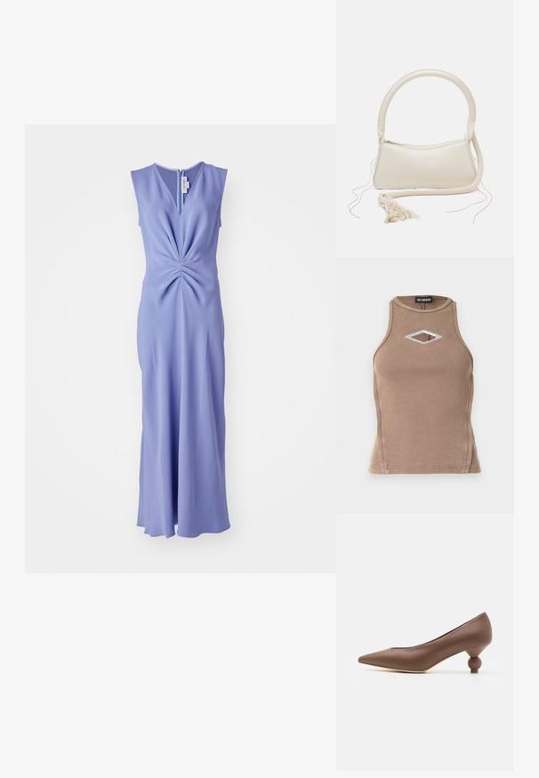 Victoria Beckham SLEEVELESS GATHERED WAIST DRESS - Ένδυση για ειδικές περιστάσεις - bluebell; Καφέ ριγωτό κομμάτι μπλούζας χωρίς μανίκια, με στρογγυλή λαιμόκοψη και διαμαντόκουμπα με ασημένια λεπτομέρεια.; Καφέ δερμάτινο παπούτσι με μυτερή μύτη και μοναδική στρογγυλή μπάλα τακουνιού. Λείος υφασμάτινος σχεδιασμός, κομψή γραμμή και μινιμαλιστική διακόσμηση.; Τσάντα χρώματος κρέμα με στρογγυλή λαβή, κλείσιμο με φερμουάρ και λεπτομέρεια με φούντα. Διαθέτει λεία υφή δέρματος και αντίθετο περιθώριο από ύφασμα.