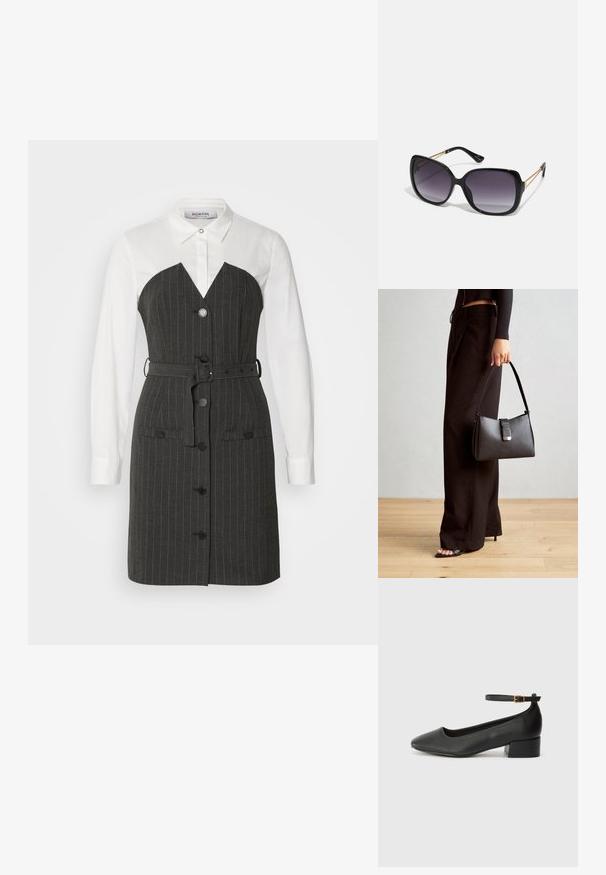 Halli halliga kleit valge kraega särk-topiga, V-kujulise rinnusosa, esiküljel nööpide ja vööga taljega. Includes küljetaskud.; Must mustaapp, millel on terav nina ja madal blokk-kand. Omab pahkluu rihma koos kuldse tooni pandlaga. Sile tekstuur.; Mustad ümarad päikeseglaasid, millel on gradient objektiivid, paksud raamid ja kuldse tooni kettaga kaunistused tempelitel.; Must musta kott, millel on struktureeritud kuju, sile tekstuur ja metallist klamber. Kombineeritud laiate mustade pükstega ja avatud varvaste sandaalidega puidust põrandal.