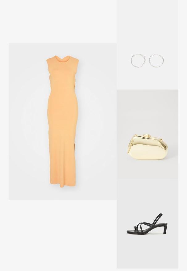 Prigludusi, be rankovių maksi suknelė iš minkštos oranžinės trikotažo. Savybės - subtilus kryžminis iškirpimas ir šoninės skeltukės, leidžiančios patogiai judėti.; Juodi šlepetės su kvadratiniu pirštu ir žemu bloku kulnu. Yra keli ploni dirželiai ir reguliuojamas kulkšnies diržas. Pagaminti iš lygios odos.; Metalinis auksinis rankinukas su glotnia, suapvalinta forma, turintis viršutinį mygtuko užsegimą ir mažą grandinėlės dirželį nešiojimui.; Sidabrinės auskarai žiedai su sėslia, apvalia forma, pasižymintys lygia paviršiumi ir be matomų puošmenų. Svoris nenurodytas.