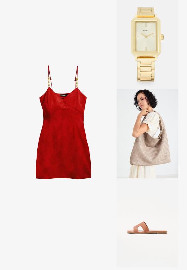 Rotes ärmelloses Kleid mit V-Ausschnitt, strukturiertem Stoff und dekorativen Holzperlen an den Trägern. Figurbetontes Design mit minimaler Länge.; Braune Leder-Slipper mit offenem Zehendesign, breitem Riemen mit Ausschnittdetails, flacher Sohle und glatter Textur.; Beige Woven Tote Bag mit lässigem Design und einem einzelnen Schulterriemen. Verfügt über ein strukturiertes Muster auf der gesamten Oberfläche.; Goldfarbene rechteckige Armbanduhr mit minimalistischem Design, ausgestattet mit einem cremfarbenen Zifferblatt, goldenen Zeigern und einem Gliederarmband aus Metall. Die Markierungen umfassen den Markennamen.