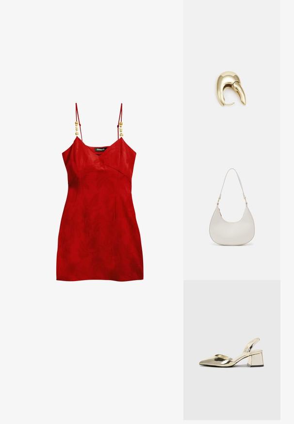Abito senza maniche rosso con scollatura a V, tessuto texturizzato e perline di legno decorative sulle spalline. Design aderente con lunghezza minima.; Tacchi slingback metallici color oro con punta appuntita e tacco grosso. Texture liscia, design minimalista e una cinghia stretta.; Borsa a spalla in pelle crema con forma a mezzaluna, strap sottile e dettagli di cucitura delicati. Design minimalista con accenti in metallo dorato.; Orecchino in metallo color oro con un design elegante e curvo. Presenta una forma appuntita distintiva, superficie lucida e chiusura a cerniera.