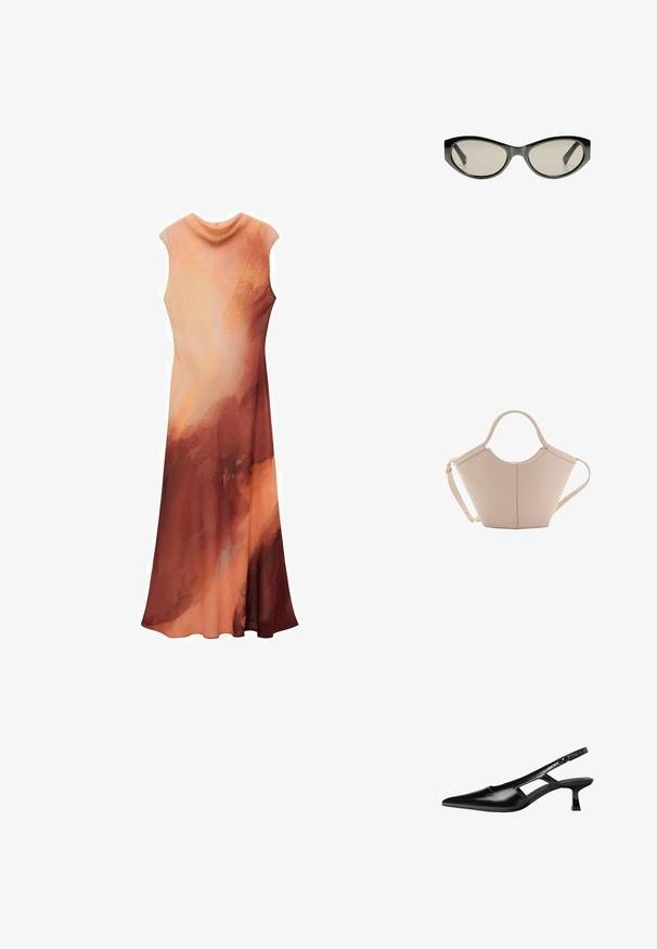 Maxi sukienka w odcieniach ciepłego brzoskwini i rdzy. Bezrękawowy fason z opadającym dekoltem i lekkim materiałem, tworzącym gładką sylwetkę.; Czarne lakierowane czółenka na odkrytej pięcie z wąskim noskiem, z wykrojem po bokach i małym kwadratowym obcasem. Gładka faktura z minimalnymi akcentami.; Czarne okulary przeciwsłoneczne w kształcie kociego oka z szarymi, przyciemnionymi soczewkami. Plastikowa oprawka charakteryzuje się ostrymi krawędziami i gładkim, błyszczącym wykończeniem.; Beżowa skórzana torebka o unikalnym kształcie, z dwoma krótkimi uchwytami i długim, regulowanym paskiem. Gładka tekstura z minimalną ilością elementów metalowych.