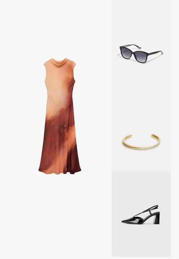 Rochie maxi într-un amestec de culori piersică caldă și rugină. Design fără mâneci cu un decolteu drapat și țesătură fluidă, creând o siluetă elegantă.; Pantofi cu toc înalt din piele patent neagră, cu vârf ascuțit, curea ajustabilă și toc pătrat chunky.; Ochelari de soare negri cu lentile degradate, formă pătrată și un templu cu un model texturat alb-negru. Prezintă un accent cu logo argintiu.; Guess STYLISH - Brăţară - yellow gold-coloured