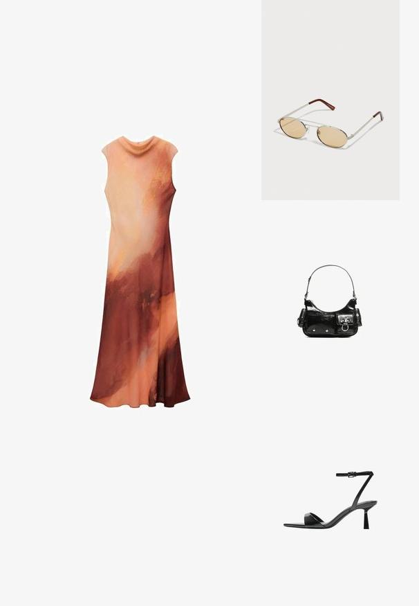 Robe maxi dans un mélange de couleurs pêche chaudes et rouille. Design sans manches avec un décolleté drapé et un tissu fluide, créant une silhouette lisse.; Bershka Sandales à talons hauts - black; Lunettes de soleil en métal avec des verres ovales teintés de brun clair. Monture fine en argent avec des accents texturés et des embouts brunrouge sur les branches.; Sac à main en cuir verni noir avec une forme incurvée, une bandoulière, des poches avant et des accents en métal argenté.