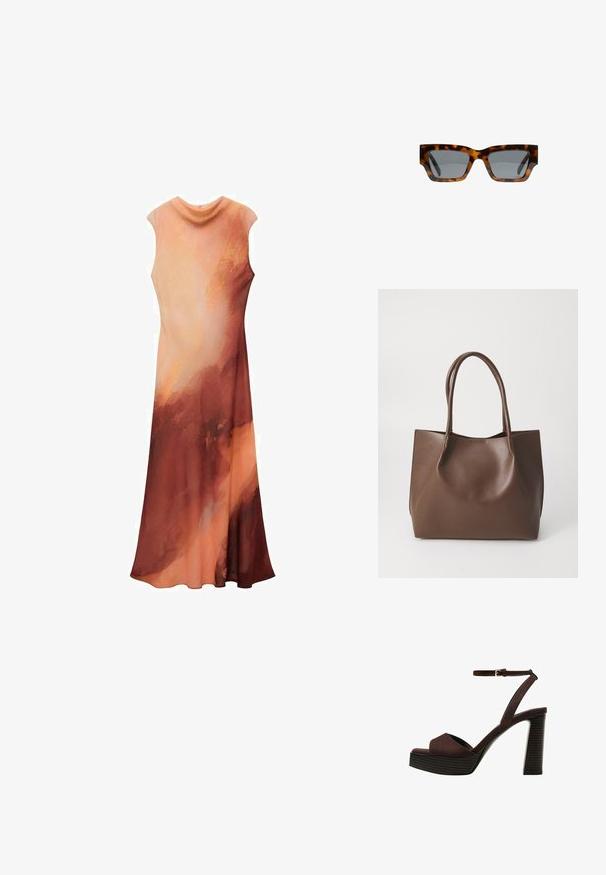 Maxi-jurk in een mix van warme perzik- en roestkleuren. Mouwloos ontwerp met een gedrapeerde halslijn en vloeiende stof, wat zorgt voor een soepele silhouette.; Bruine suède high-heeled sandaal met een open teen, verstelbare enkelband en een gestreepte plateauzool.; Schildpad zonnebrillen met hoekige monturen, grijze lenzen en een gladde afwerking. Kenmerkt zich door een gedurfde geometrische vormgeving en dikke pootjes.; Bruine leren tote bag met twee lange handvatten, gestructureerde vorm, gladde textuur en minimalistisch design. Geen zichtbare hardware of accenten.