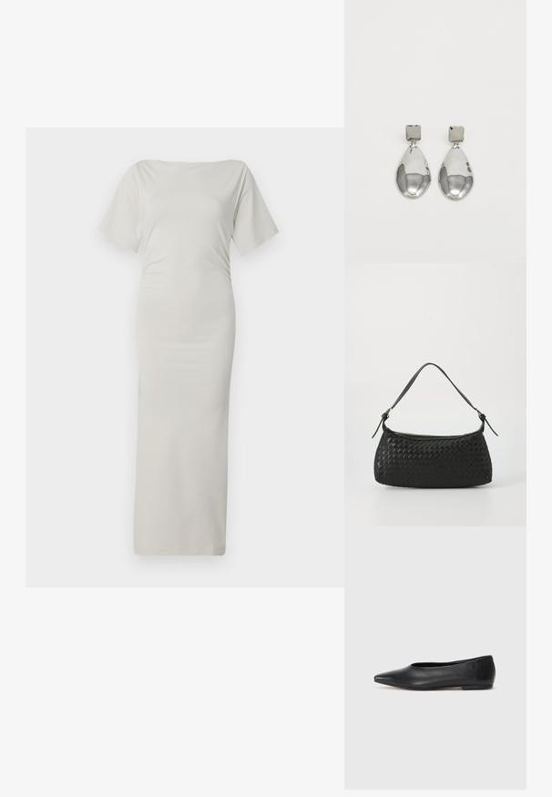 Bodycon-Kleid aus leichtem, glattem, cremefarbenem Stoff. Verfügt über einen Bootsausschnitt und kurze Ärmel. Lange, eng anliegende Silhouette ohne Muster.; Schwarze Leder-Balletschuhe, spitze Zehenform, minimalistische Gestaltung, glatte Textur, niedriger Absatz, keine sichtbaren Beschläge oder Verzierungen.; Schwarze geflochtene Schultertasche mit einem glatten Ledertragegurt und Reißverschluss. Verfügt über eine strukturierte Oberfläche und eine gebogene Form.; Silberne Tropfenohrringe mit einem quadratischen Stecker, die eine glatte, polierte Oberfläche und eine Tropfenform aufweisen, die Licht mit einer glänzenden Oberfläche reflektiert.
