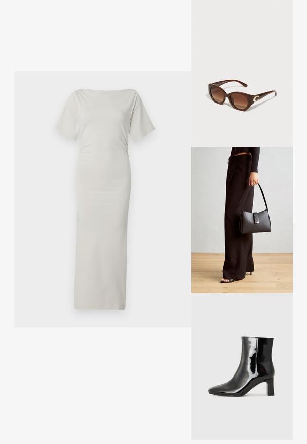 Lieknas kūno apgaubiantis suknelė iš lengvo, glotnaus, kreminio audinio. Su apvalia iškirpte ir trumpomis rankovėmis. Ilgas, prigludęs siluetas, be raštų.; Juodos lakuotos odinės aulinukės su smailiu pirštu ir vidutinio aukščio blokuotu kulnu. Lygus paviršius ir minimalistinis dizainas.; Rudos plastikiniai akiniai nuo saulės katės akies forma, su gradientiniais rudais lęšiais ir auksinės spalvos logotipo detale ant šventyklos. Lygus paviršius.; Juodas rankinė struktūrizuota forma, lygi tekstūra ir metalinis užsegimas. Suporuota su plačiomis juodomis kelnėmis ir atvirais bateliais ant medinių grindų.