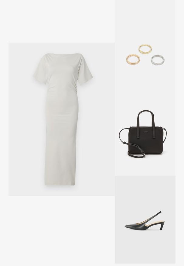 Sukienka bodycon z lekkiego, gładkiego, kremowego materiału. Posiada dekolt łódki i krótkie rękawy. Długa, dopasowana sylwetka bez wzorów.; Czarny but na obcasie typu slingback z ostro zakończonym noskiem, z niskim obcasem, wykonany z gładkiej skóry, z wycięciem po boku dla lepszej wentylacji.; Czarna torebka z dwoma krótkimi uchwytami i odpinanym paskiem na ramię. Gładki materiał przypominający skórę, z zamkiem błyskawicznym i detalem z logo.; Trzy metalowe pierścienie: jeden w różowym złocie, jeden złoty z teksturowanymi akcentami, oraz jeden srebrny, wszystkie z wygrawerowanym brandingiem na wewnętrznej stronie.