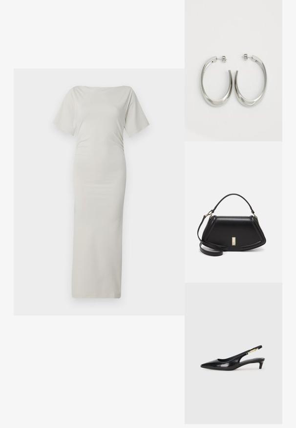 Kerge, siledast, kreemjas kangast keha suletud kleit. Omab paadi kaelust ja lühikesi varrukasid. Pikk, vormiv siluett ilma mustriteta.; Mustad nahast slingback kontsad terava ninaga, millel on õhuke konts ja kuldse tooni aktsent reguleeritaval rihmal. Sile tekstuur.; Must mustrist käekott, millel on struktureeritud disain, lühendatud kuju, ülemine käepide ja kuldne metallist detail. Reguleeritav õlalihm on kaasas.; Hõbe rõngas kõrvarõngad, millel on sujuv ja kõver kuju. Omab läikivat metallist viimistlust ja nupuga sulgemist. Pole nähtavaid mustreid ega aksessuaare.