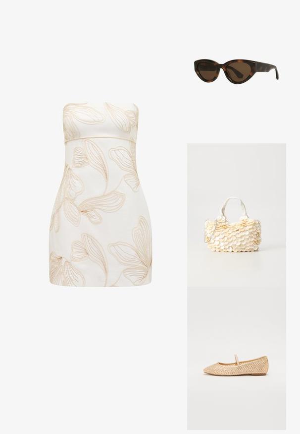 Beigiams suknelė be petnešų su rausvai kreminiu reljefiniu gėlių raštu. Prigludęs siluetas, lygus paviršius, iki kelių ilgio ir be matomų užsegimų.; Auksinė pintų medžiagų baleto bateliai su smailiu priekiniu nosiu, plokščiu padu ir dirželiu per pėdos vidurį. Apatinė medžiaga turi tekstūruotus raštus.; Vėžliuko kiauto katės akies saulės akiniai su rudos spalvos lęšiais, turintys lygius, blizgius plastiko rėmelius ir elegantišką dizainą. Nėra matomų logotipų ar akcentų.; Balta rankinė su tekstūruotomis, bangų formos dekoracijomis. Yra nurašyta rankena ir sidabrinė grandinėlė, leidžianti įvairiais būdais nešioti.