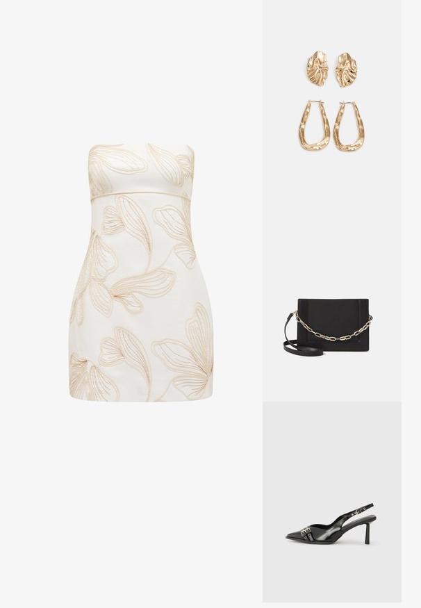 Vestido sem alças em creme com padrões florais em relevo em bege claro. Design ajustado, textura suave, corte até ao joelho e sem fechos visíveis.; Sapato slingback preto em pele patentada com bico apontado, tiras no tornozelo apresentando fivelas e acessórios prateados, e um salto elegante.; Bolsa crossbody de couro preto com uma textura suave, forma retangular e um detalhe em corrente metálica na frente. Inclui uma alça ajustável.; Brincos em tom de ouro com formas onduladas e texturizadas. Inclui studs escultóricos com presilha e um design de argola aberta com um acabamento martelado.