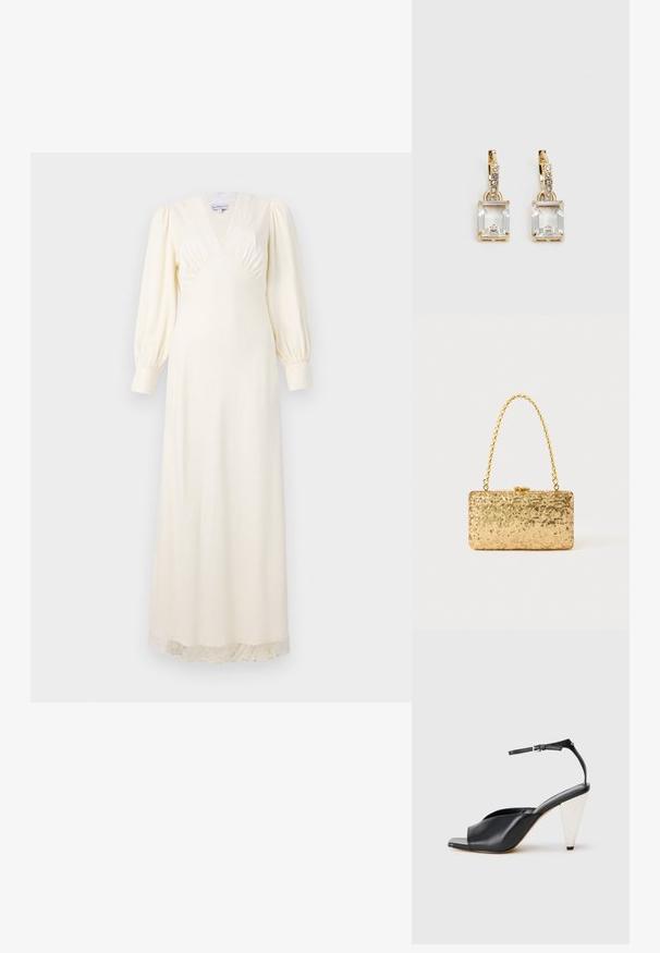 Vestido longo de creme com decote em V profundo, mangas bufantes e renda na barra. Tecido suave com corpete ajustado e saia fluida.; Sandal de salto alto em couro preto com bico aberto, design assimétrico, tira no tornozelo e um salto metálico em forma de cone. Textura suave por toda a parte.; Clutch dourada em lantejoulas com formato retangular, apresentando uma alça de corrente torcida e um fecho de metal, refletindo a luz com um acabamento texturizado.; Brincos em tom de ouro com um cristal retangular claro pendurado abaixo de uma linha de pequenos acentos redondos claros. Design elegante e moderno.