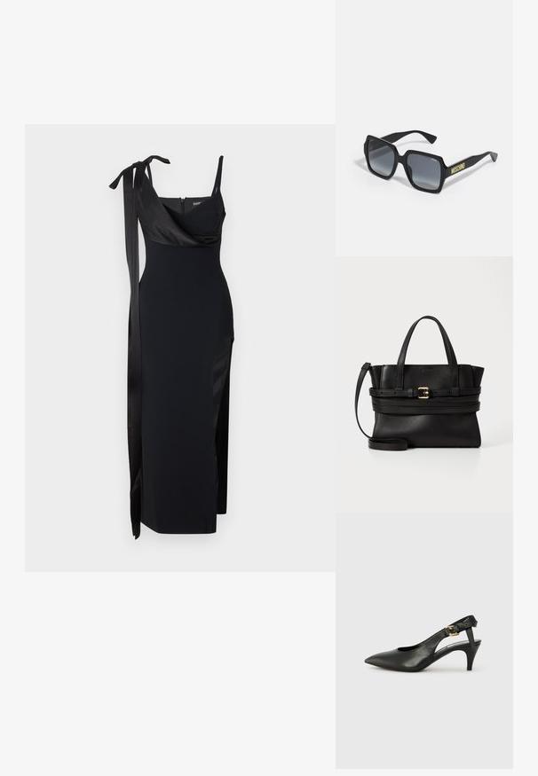 Fekete ruha, testhez álló szabással, selyemfényű részletekkel és oldalsó hasítékkal. Vékony pántokkal és előnyösen eső dekoltázzsal rendelkezik, amelyhez megkötő rész tartozik.; Fekete bőr slingback szivattyú hegyes orral, kis sarokkal és csat részlettel a bokapánton. Simaság, minimalista dizájn.; Fekete négyzet alakú napszemüveg szürke átmenetes lencsékkel; diszkrét díszítések és sárga "MOSCHINO" feliratozás az szárán.; Fekete bőr kézitáska strukturált dizájnnal, párhuzamos felső fogantyúkkal, levehető pánttal és arany csat díszítéssel egy vízszintes sávon.