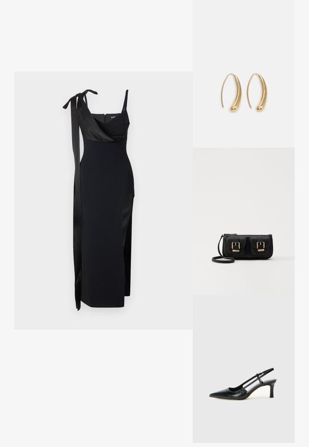 Mustikas, sobiva disainiga, satiinist aktsentide ja külje lõikega. Omab õhukesi rihmasid ja kehakujundavat drapeeritud kaelusejoont, millel on lipsu detail.; Mustmust paelad, millel on terav varvas, tekstuuriga maduprindiga, reguleeritav rihm ja lühike tekstuuriga plokknina.; Must küllastamata nahast õlakott, millel on kaks esist nähtavat taskut, kuldsed pandlad, tõmblukuga sulgemine ja peen rihm. Tekstuuriga pind ja kompaktne ristkülikukujuline kuju.; Kuldtoonilised metallist rõngas kõrvarõngad, millel on kõver ja piklik kuju. Omavad siledat, läikivat pinda ja ümarat tipptugevdust, mis lisab detaili.