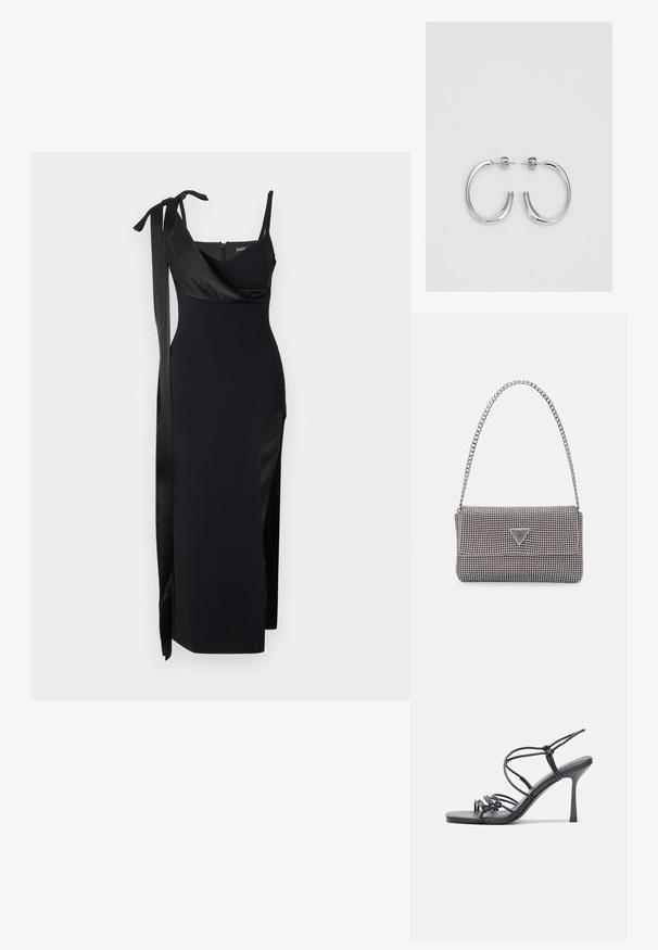 Melna kleita ar pieguļošu dizainu, satīna akcentiem un sānu izgriezumu. Tai ir plānas kurpes un glaimojoša drapēta dekoltē ar saišu detaļu.; Melnas augstpapēžu sandales ar plāniem siksniņām un mezgla dizainu, gluda kvadrātveida purngalu un elegantu stiletto papēdi.; Gaiši pelēka metāla rokassoma ar ķēdes siksnu, rotāta ar mazām apaļām metāla kniedēm un trīsstūra zīmola logo.; Sudraba stīpas auskari ar gludu, spīdīgu virsmu, izceļas ar izliektaveida formu un aizdari ar tapu. Minimālistisks dizains ar mūsdienīgu apdari.