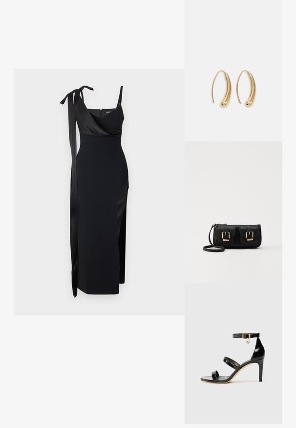 Μαύρο φόρεμα με εφαρμοστή σχεδίαση, σατινέ λεπτομέρειες και πλάγιο σκίσιμο. Διαθέτει λεπτές τιράντες και κολακευτική πτυχωτή λαιμόκοψη με λεπτομέρεια κορδονιού.; Μαύρη λουστρίνι σανδάλι με τρεις λωρίδες, πόρπη στον αστράγαλο και τακούνι στιλέτο 10 εκ. Διαθέτει χρυσά μεταλλικά στοιχεία και λογότυπο.; Μαύρη δερμάτινη τσάντα ώμου με δύο μπροστινές τσέπες, χρυσά κούμπωματα, κλείσιμο με φερμουάρ και λεπτό λουρί. Υφή επιφάνειας και κομψό ορθογώνιο σχήμα.; Χρυσές μεταλλικές σκουλαρίκια κρίκοι με καμπυλωτό, ελκυστικό σχήμα. Περιλαμβάνουν μια λεία, γυαλιστερή επιφάνεια και στρογγυλή άκρη για πρόσθετη λεπτομέρεια.