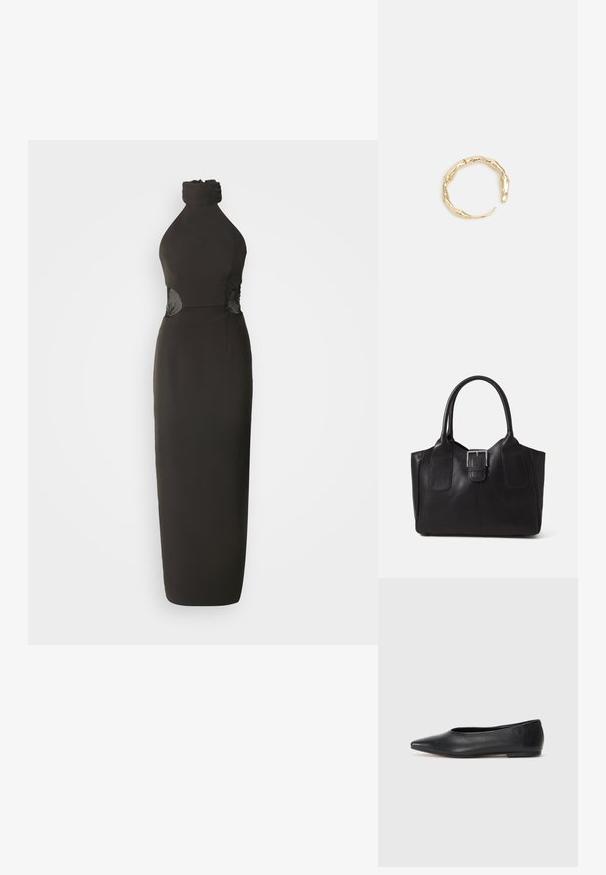 Melnā kleita ar haltera kakla izgriezumu, kas piedāvā pieguļošu siluetu, ar caurspīdīgām mežģīņu detaļām vidukļa daļā un grīdas garuma svārkiem. Viskozs tekstūra visā kleitā.; Melna ādas baleta kurpe, ar norādītu purngalu, minimālisma dizains, gluda tekstūra, zema papēža augstums, bez redzamiem aksesuāriem vai rotājumiem.; Melnas ādas somiņa ar gludu tekstūru, strukturētu formu, divām rokturām un izteiktu sudraba sprādzi priekšpusē.; Zelta toņa gredzens ar organisku, vērptu dizainu, gludu virsmu un sašaurinātiem galiem, radot mūsdienīgu, skulpturālu izskatu.