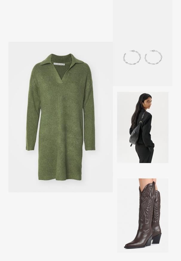 Vestito verde lavorato a maglia con colletto e maniche lunghe. Presenta una vestibilità morbida e un orlo leggermente svasato, realizzato in una morbida miscela di lana.; Stivali da cowboy in pelle marrone con punta affusolata e tacco a blocco, caratterizzati da dettagliati ricami e accenti rialzati sul gambale.; Donna con lunghi capelli scuri, vestita con un completo nero, che porta una borsa a tracolla in pelle nera, mentre guarda oltre la spalla su uno sfondo bianco.; Orecchini a cerchio in argento con un design torciglionato, caratterizzati da una finitura lucida e chiusura a perno. Misurano circa 3 cm di diametro.