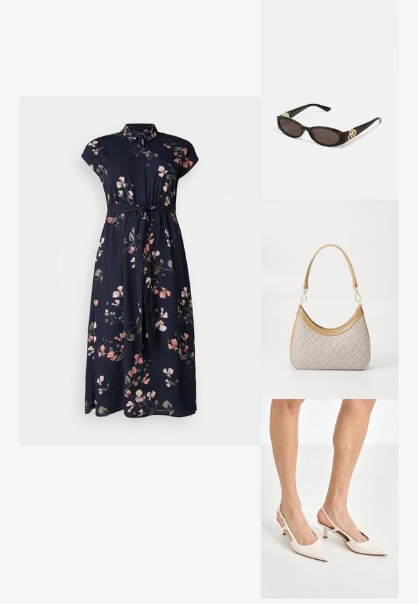 Abito a fiori navy con maniche corte, colletto con bottoni, cintura in vita e motivi floreali rosa chiaro e verde. Tessuto morbido.; Tacchi slingback in pelle lucida beige con punta affusolata e tacco di 5 cm, caratterizzati da lati traforati e una sottile fascia alla caviglia.; Occhiali da sole tartarugati con lenti ovali allungate, tonalità marrone, accenti dorati con logo sulle tempie e aste nere eleganti.; Borsa a tracolla beige con un motivo stampato, forma curvata, dettagli in pelle e un logo dorato sul davanti. Presenta una maniglia corta per un facile trasporto.; Collana di perle e cristalli con un design rotondo a perline in tonalità tenui, caratterizzata da perle alternate e accenti scintillanti, indossata attorno al collo.