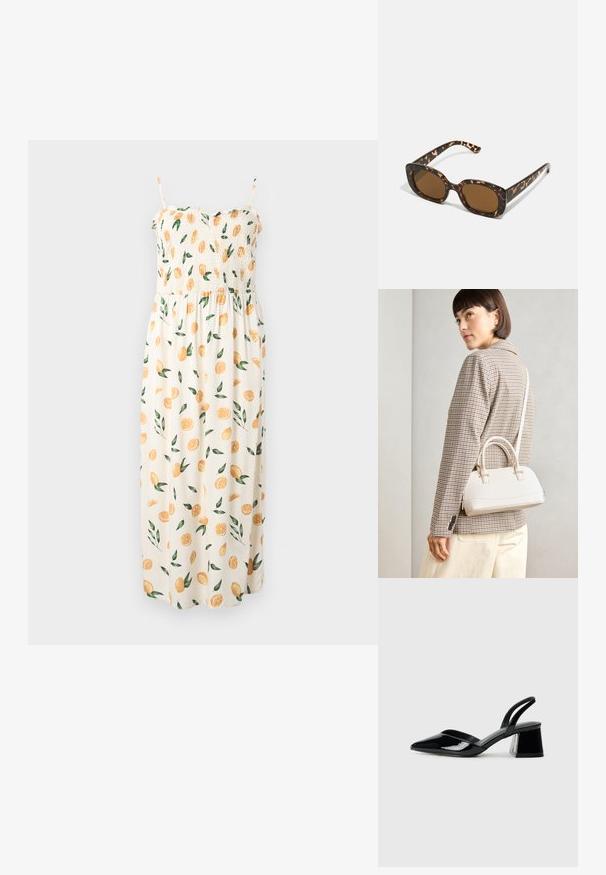 Maxi suknelė su smockingu bodice, ant petnešėlių ir kreminiu fonu, su oranžinių riekelių ir žalių lapų raštu.; Juodos lakuotos odinės šlepetės su smailiu pirštu ir geometriniu bloko kulnu. Turi elegantišką, minimalistinį dizainą ir lygų paviršių.; Kare klasikinės saulės akinių rėmeliai su apvalia, didesne forma ir rudais objektyvais. Yra subtilių raštų ir tiesių, siaurėjančių šonų.; Balta struktūruota rankinė su trumpomis rankenomis ir peties diržu, su auksinėmis detalėmis ir tekstūruota medžiaga, pastatyta prieš pilką foną.