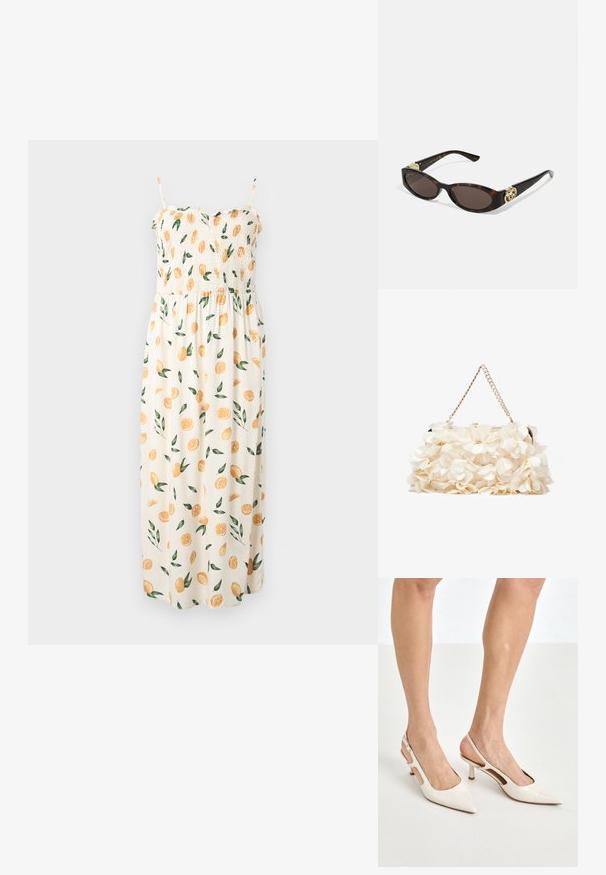 Maxi šaty s naťahovaným živôtikom, tenkými ramienkami a krémovým pozadím, s motívom oranžových plátkov a zelených listov.; Bežové lakované lodičky na podpätku so špicatou špičkou a 5 cm podpätkom, s výrezmi po stranách a tenkým remienkom okolo členka.; Slnkové okuliare v korytnačkovom dizajne s predĺženými oválnymi šošovkami, hnedým tónovaním, zlatými logovými akcentmi na spánkoch a elegantnými čiernymi ramenami.; Biela kvetinová taška s nariaseným textilným povrchom, zlatým reťazovým popruhom a kovovým zámkom. Obsahuje textúrované okvetné lístky pre väčší detail.